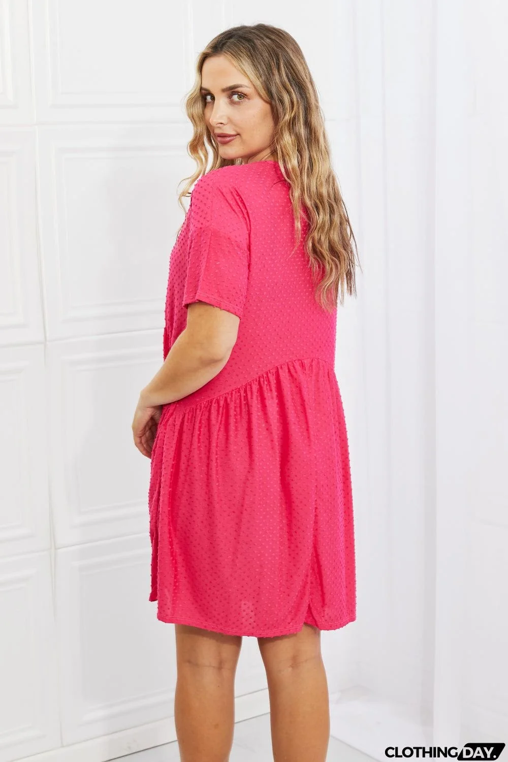 BOMBOM Another Day Swiss Dot Casual Dress in Fuchsia