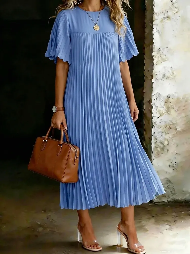 Women&rsquo;s Elegant Fashionable Lantern-sleeve Round-neck Pleated Dress