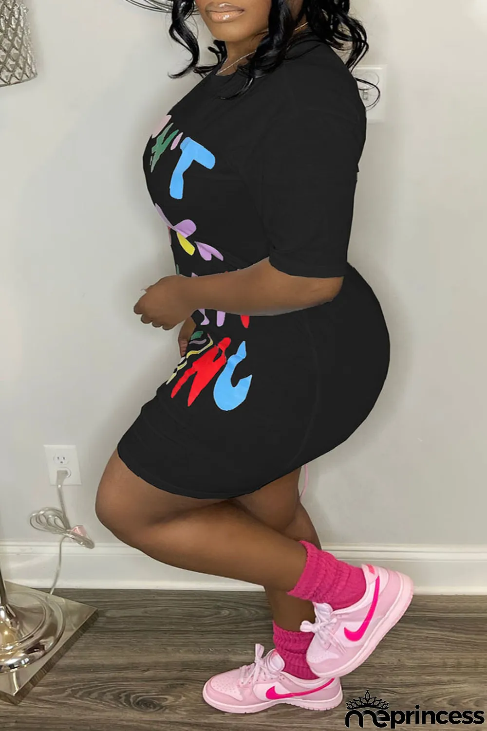 Grey Casual Print Patchwork O Neck Straight Plus Size Dresses