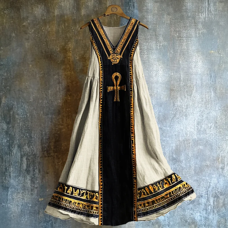 Ankh Ancient Egyptian Embroidered Linen Maxi Dress