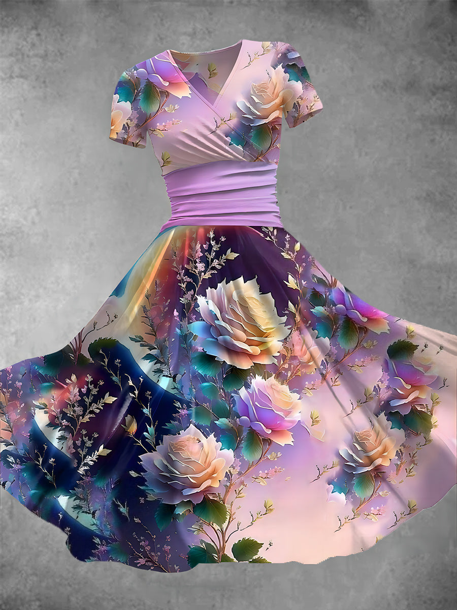 Retro Floral Print V-Neck Short Sleeve Midi Dress