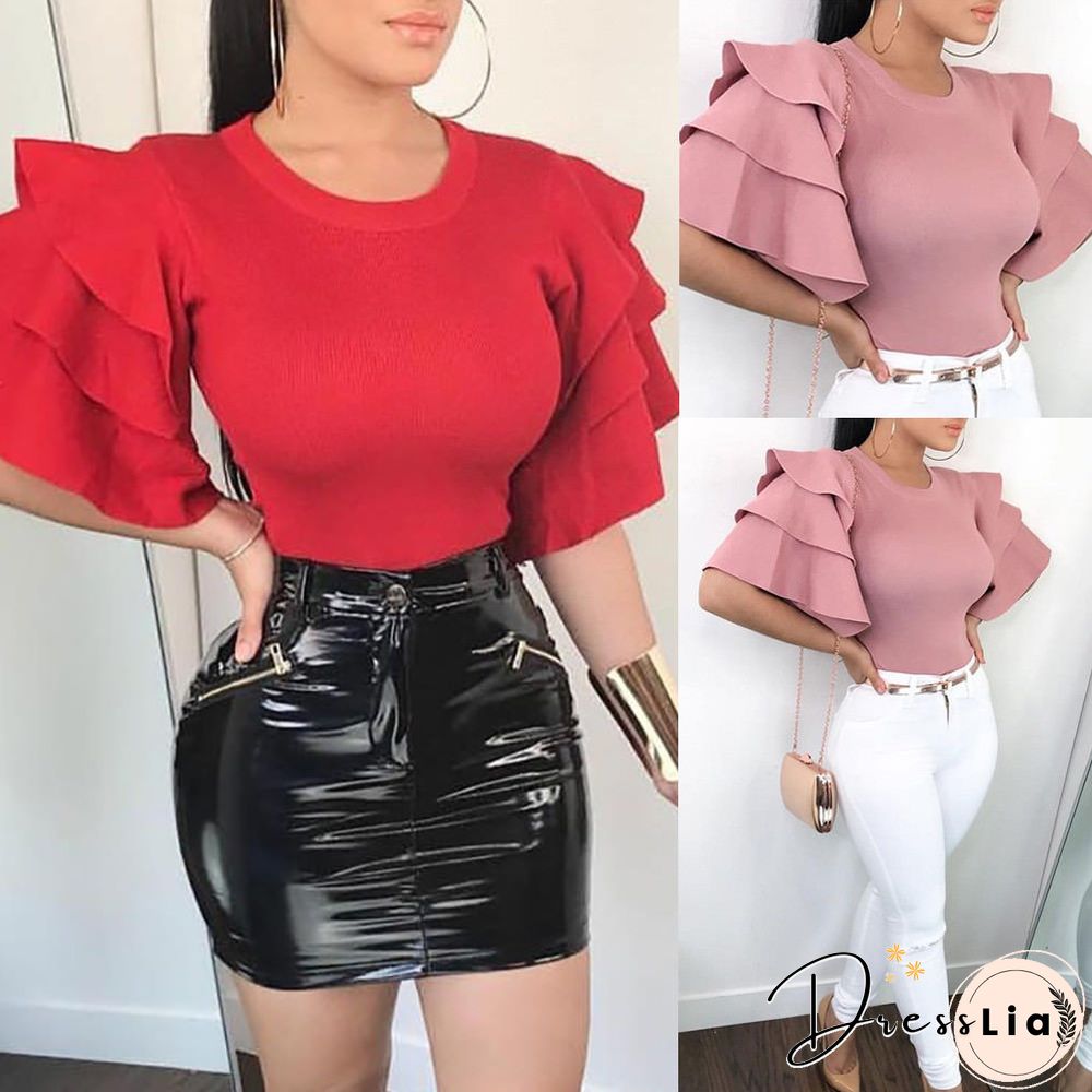 Women Ruffles Shirts Flared Sleeves T-Shirts Plain Summer Loose Tee Tops Womens Shirts Ladies T Shirts Solid Color Clothes