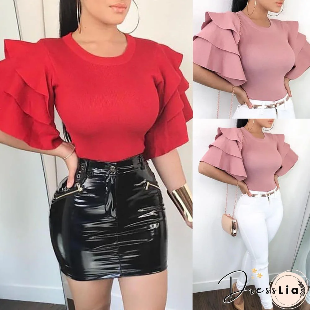 Women Ruffles Shirts Flared Sleeves T-Shirts Plain Summer Loose Tee Tops Womens Shirts Ladies T Shirts Solid Color Clothes