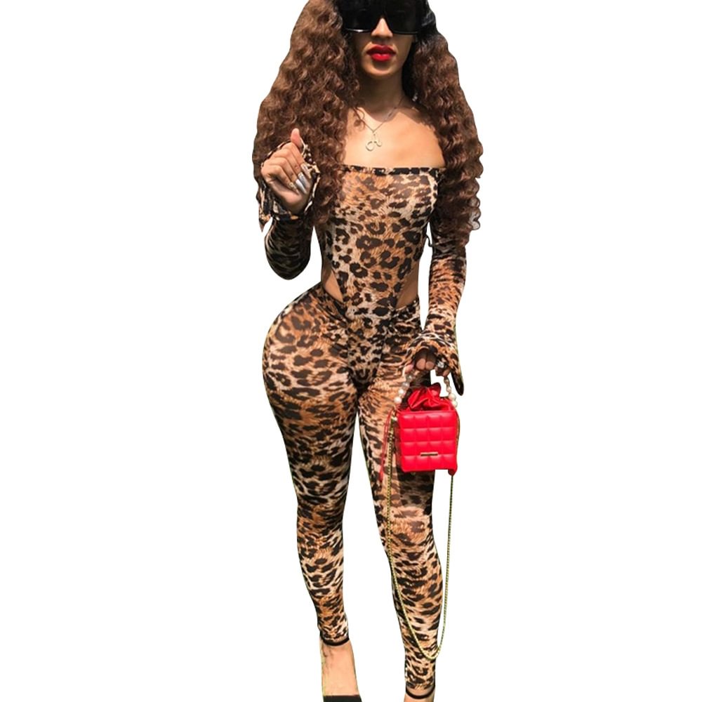 Fashion Sexy Mesh Leopard Print Jumpsuit Ladies Two-piece Set