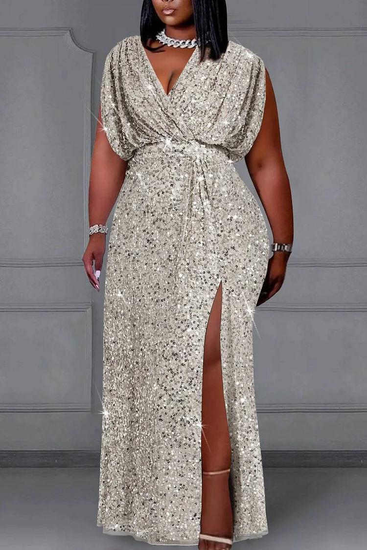 Xpluswear Design Plus Size Formal Silver V Neck Split Sequin Maxi Dresses 2024 - Xpluswear