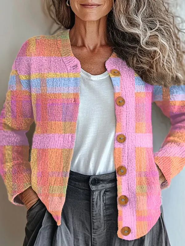 Vintage Abstract Plaid Art Print Buttoned Cardigan Sweater