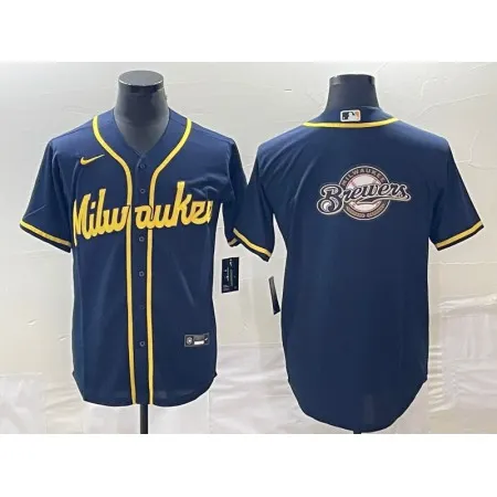 Men's Milwaukee Brewers Navy Team Big Logo Cool Base Stitched Jersey 0L21