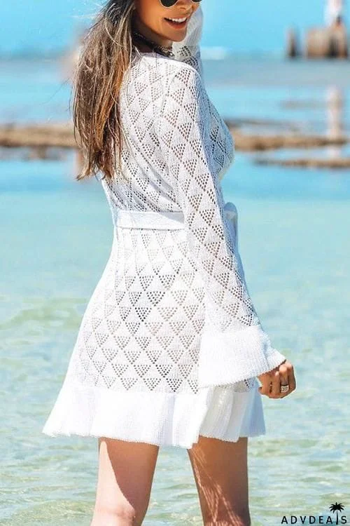 Hollow Ruffles Hem Bleted Cover Cardigan