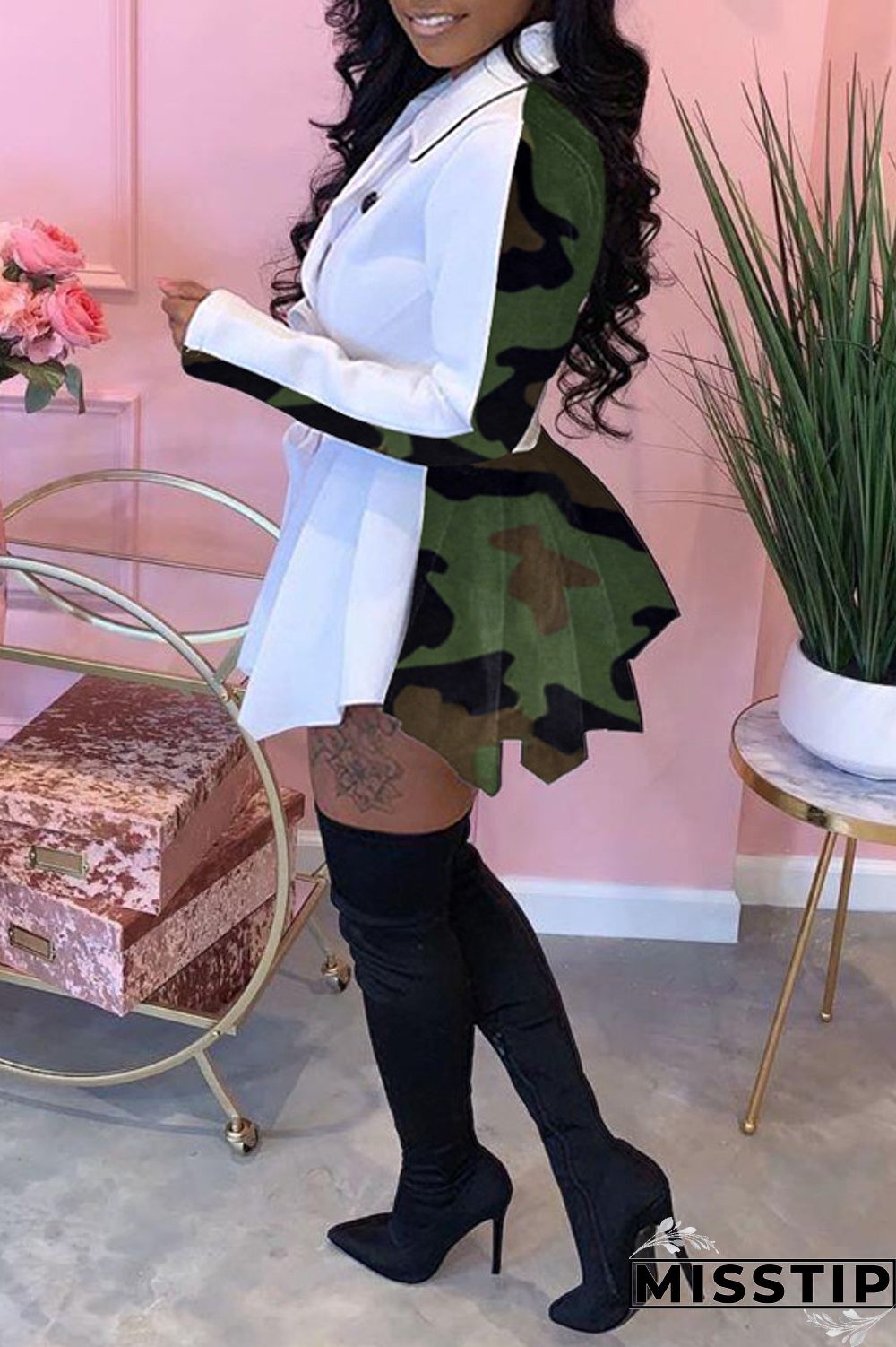 White Fashion Casual Print Patchwork Turndown Collar Long Sleeve Dresses