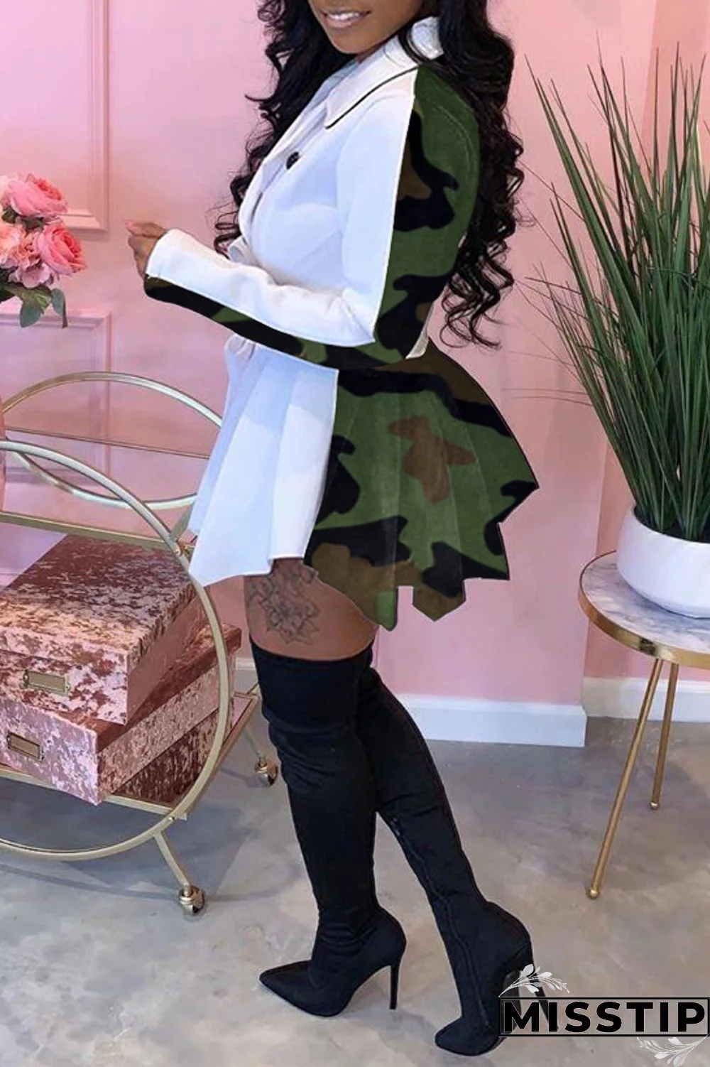 White Fashion Casual Print Patchwork Turndown Collar Long Sleeve Dresses