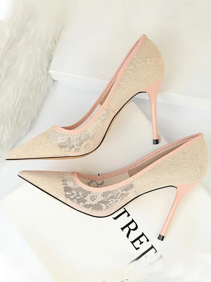 Sexy stiletto high heel shallow mouth pointed toe mesh hollow lace single shoes