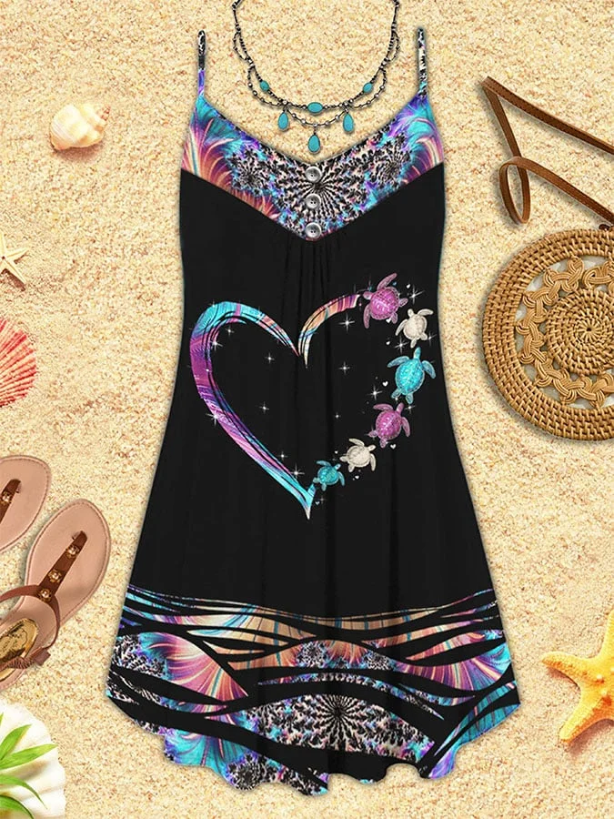 🔥Buy 3 Get 10% Off🔥Vacation Sea Turtle Heart Print Spaghetti Strap Dress Swimsuit Coverup