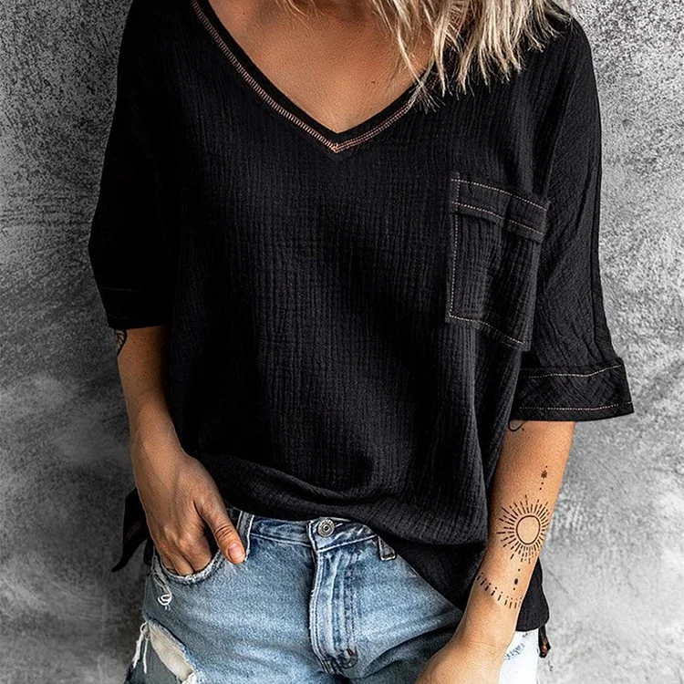 Shirt V-neck pocket slit mid-sleeve top women's socialshop