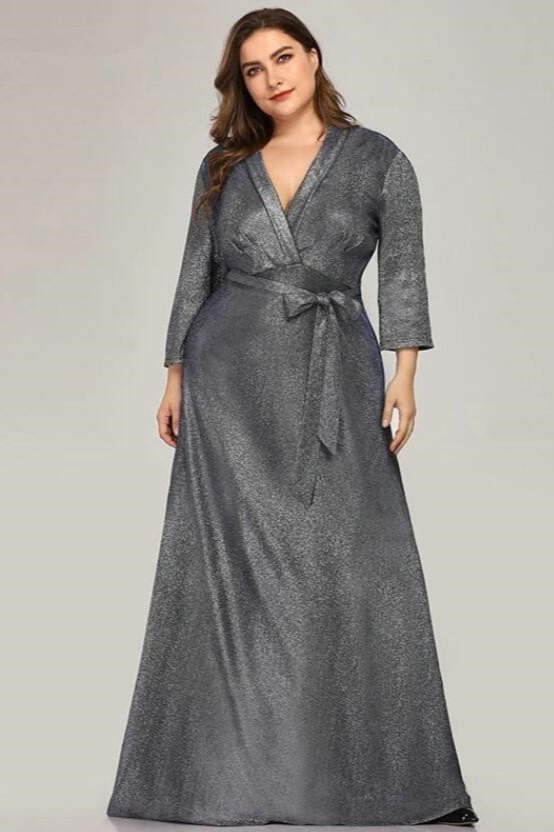  Sparkle Plus Size Mother Of The Bride Dresses Long Sleeve V-Neck Evening Gowns