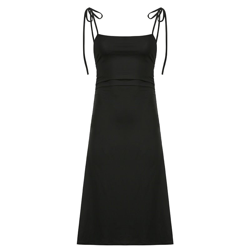 Rapcopter Tie Up Midi Dress Backless Sexy Goth Black Spaghetti Strap Dress Women Slim Bodycon Basic Casual Sundress Streetwear