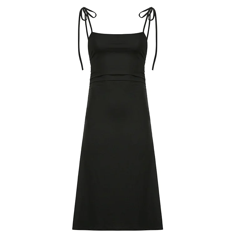 Rapcopter Tie Up Midi Dress Backless Sexy Goth Black Spaghetti Strap Dress Women Slim Bodycon Basic Casual Sundress Streetwear