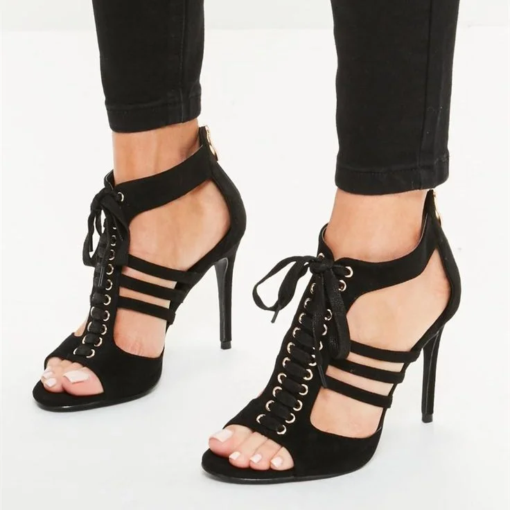 Black Lace up Sandals Peep Toe Stiletto Heels Ankle Strap Sandals |FSJ Shoes