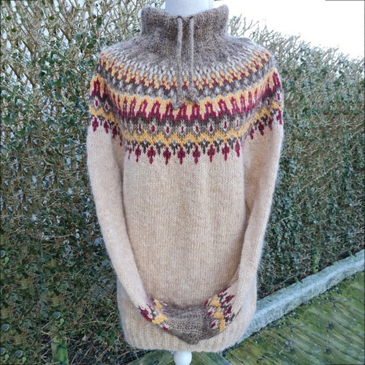 Vefave Iceland Contrast Jacquard Turtleneck Vintage Sweater