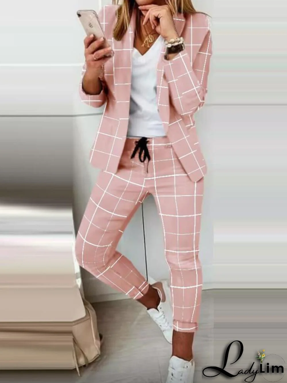 Casual Colorblock Allover Pattern Blazer & Pants 2 Pcs Set