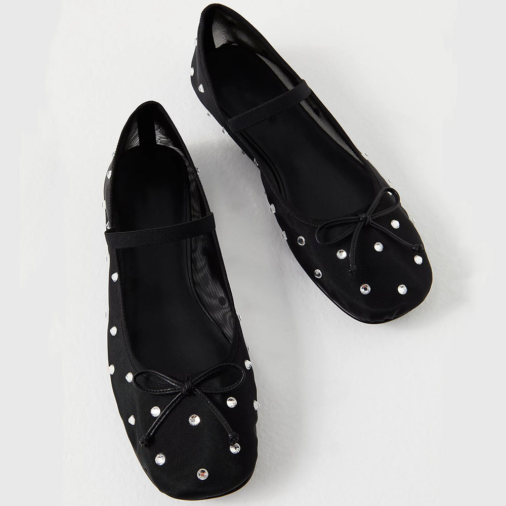 Black Mesh Round Toe Embellished Shiny Ballet Flats Nicepairs