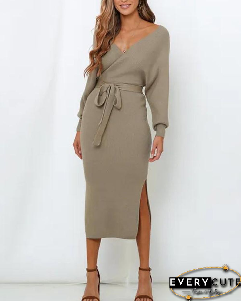 Knitting V Neck Split Sweater Dress