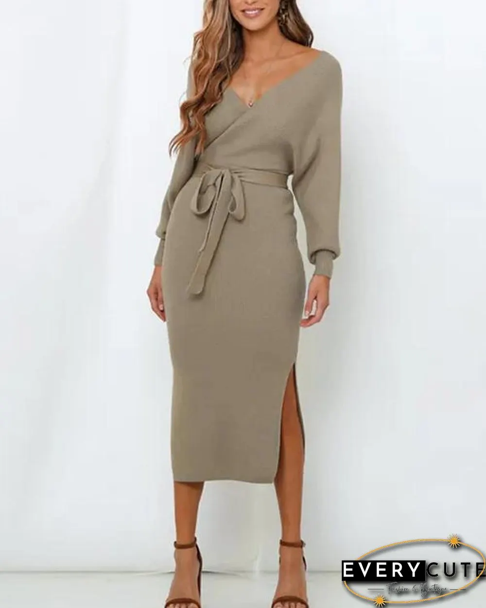 Knitting V Neck Split Sweater Dress