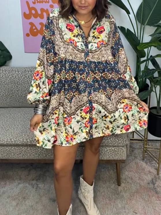 Floral Print Long Sleeve Mini Dress