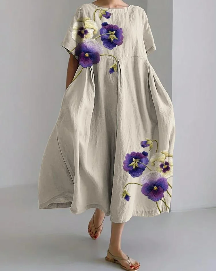 Simple Purple Flowers Short Sleeve Midi Dress