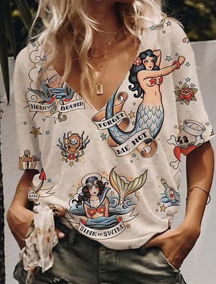 Women's Vintage Mermaid  V-Neck Drop Shoulder T-Shirt socialshop