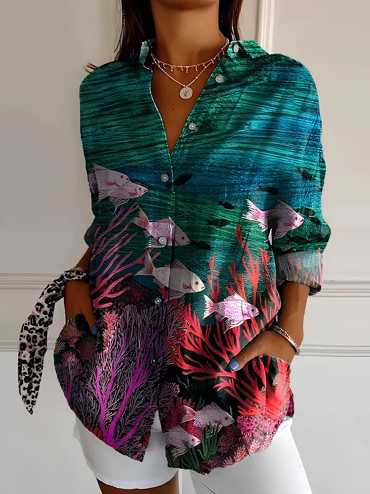 Women's Marine Coral Fish Art Print Long Sleeve Shirt
