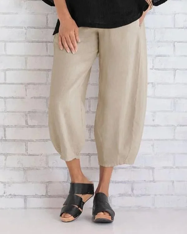 solid casual elastic waist wide leg pants p182032