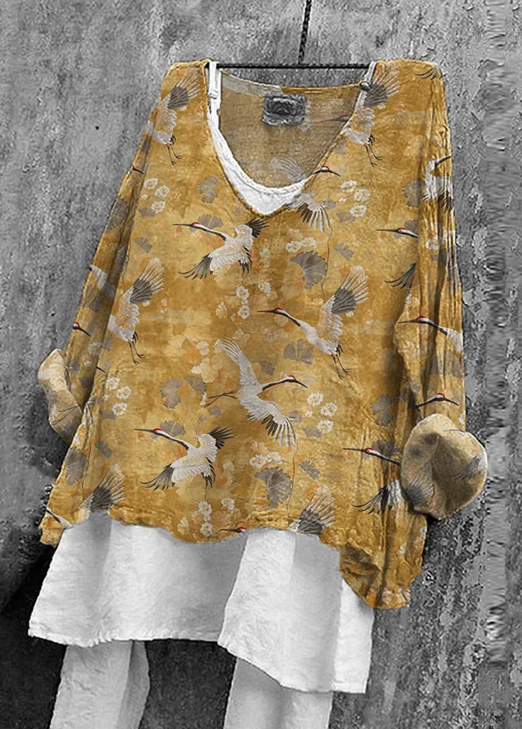 Japanese Art Crane Print V-Neck Casual Loose Linen Blend Blouse