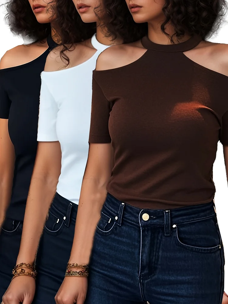3pcs Women's Sexy Cold Shoulder Halter Neck Tops - Stretchy Casual Dressy Short Sleeve T-Shirts, Solid Color High Elasticity Machine Washable All-Season Versatile Tops, Summer Fashion, Soft Texture, Fitted Blouse, Summer Wardrobe