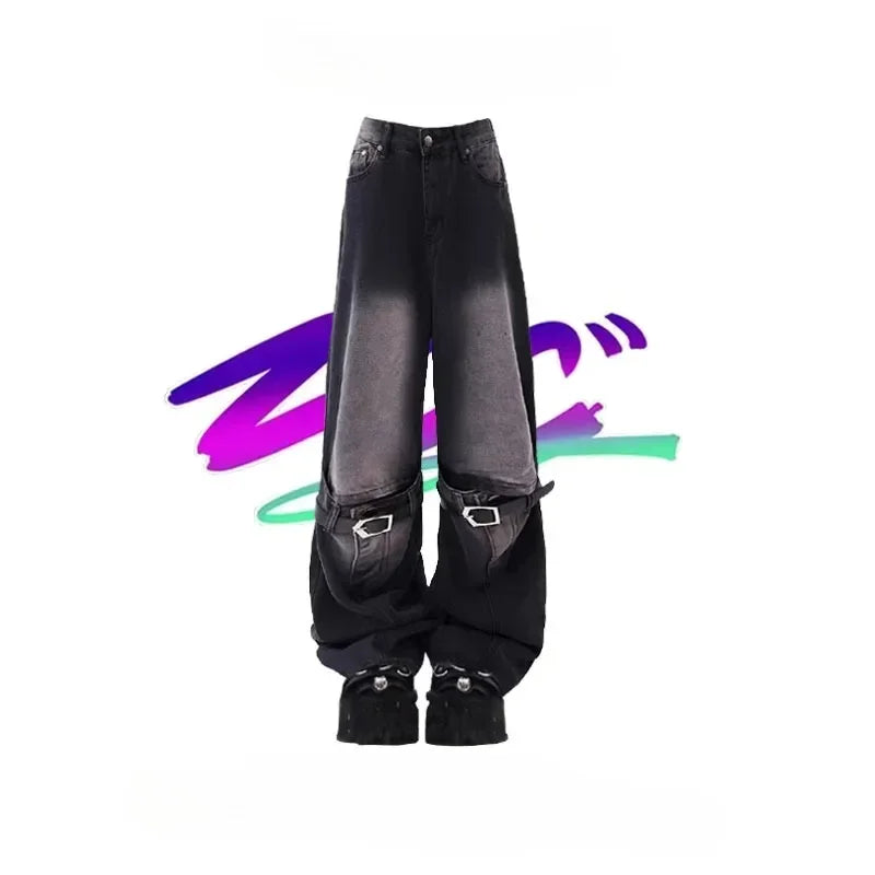 Aiertu 2024 Vintage High Waist Street Style Belted Straight Jeans Gothic Pants Fashion Women's Wide Leg Punk Baggy Y2K Denim Trouser Aiertu