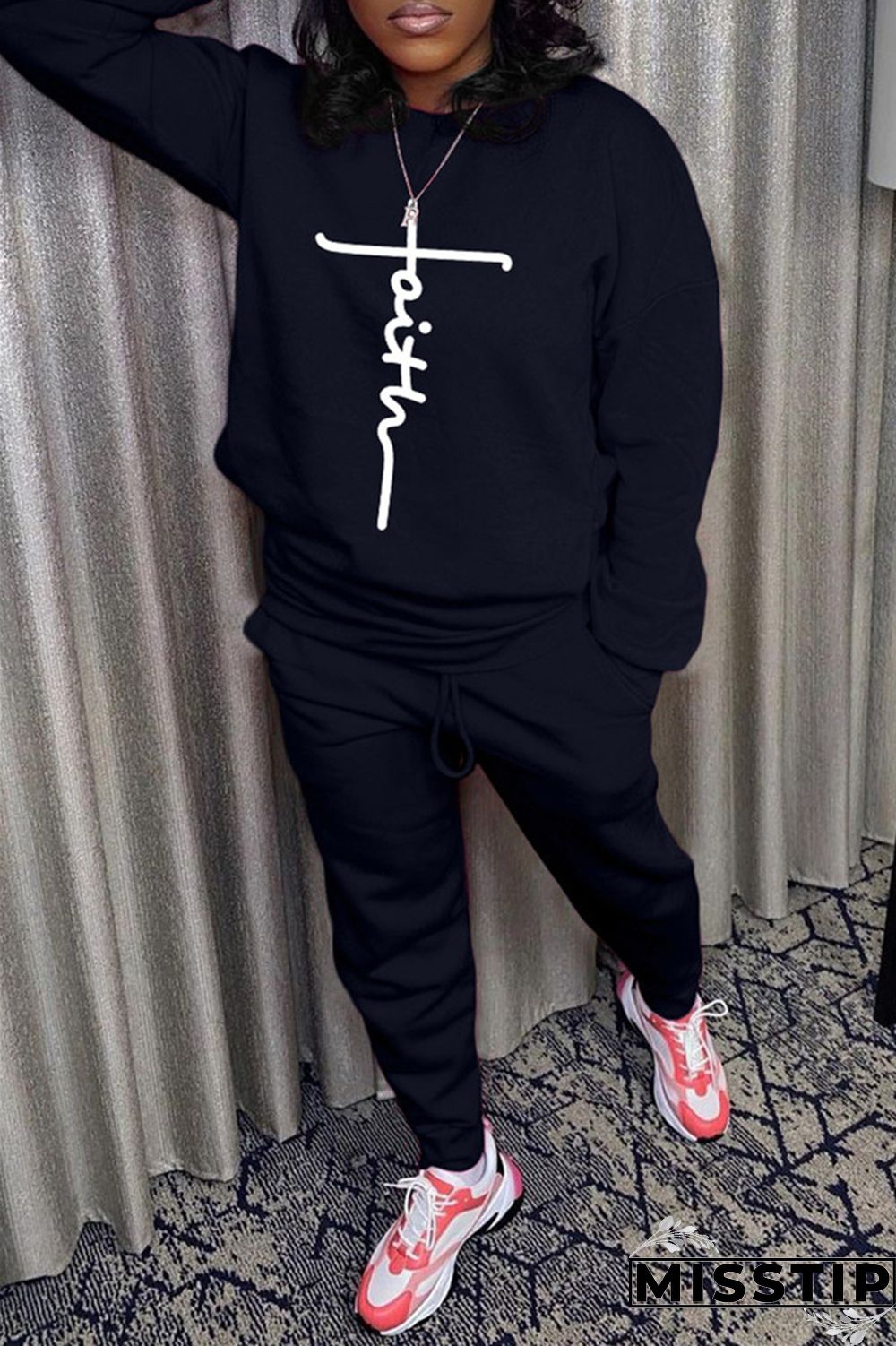 Black Fashion Casual Print Basic O Neck Long Sleeve Two Pieces