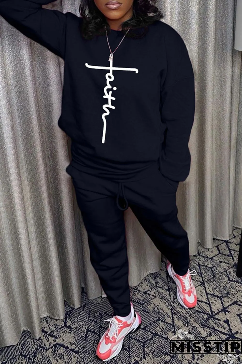 Black Fashion Casual Print Basic O Neck Long Sleeve Two Pieces