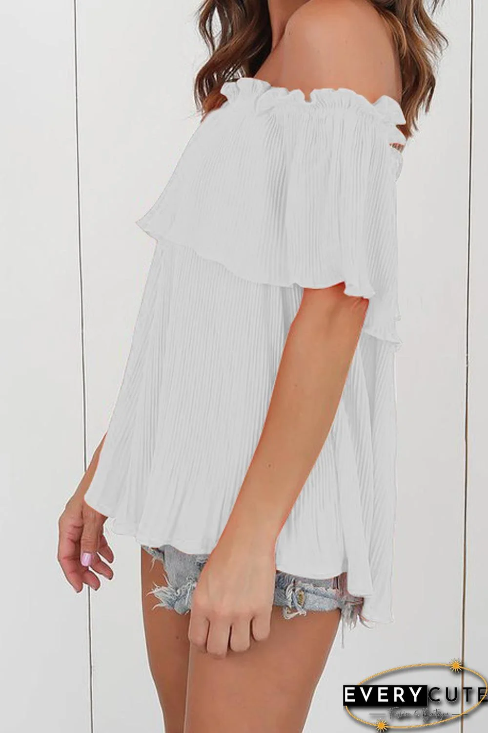 White Off-Shoulder Pleated Ruffle Blouse