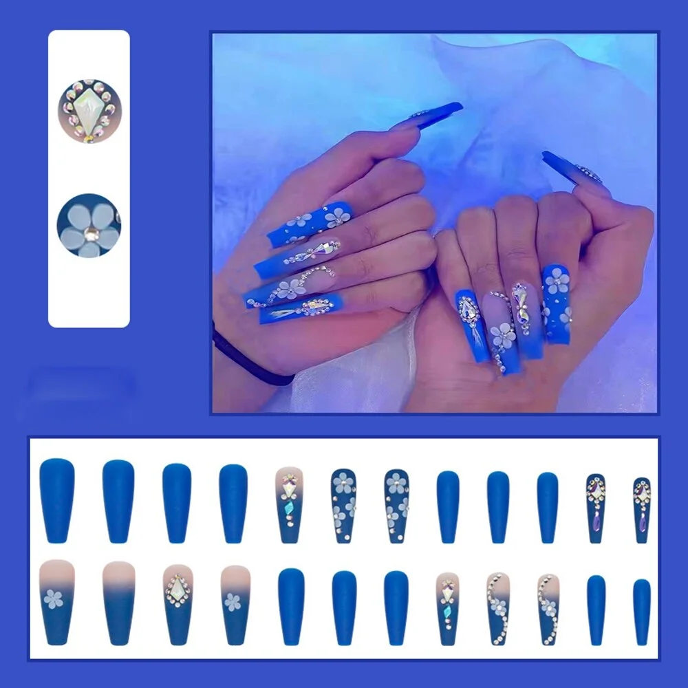 24Pcs Detachable Super Long Coffin False Nails Blue Diamonds Flowers Ballerina Wearable Fake Nail with glue Full Cover Nail Tips