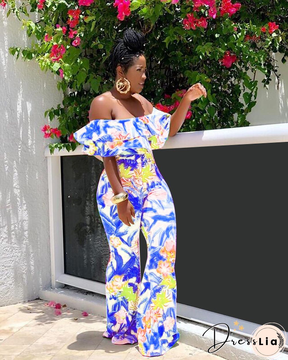Sexy Off Shoulder Ruffles Floral Printed Wide-legs Jumpsuit