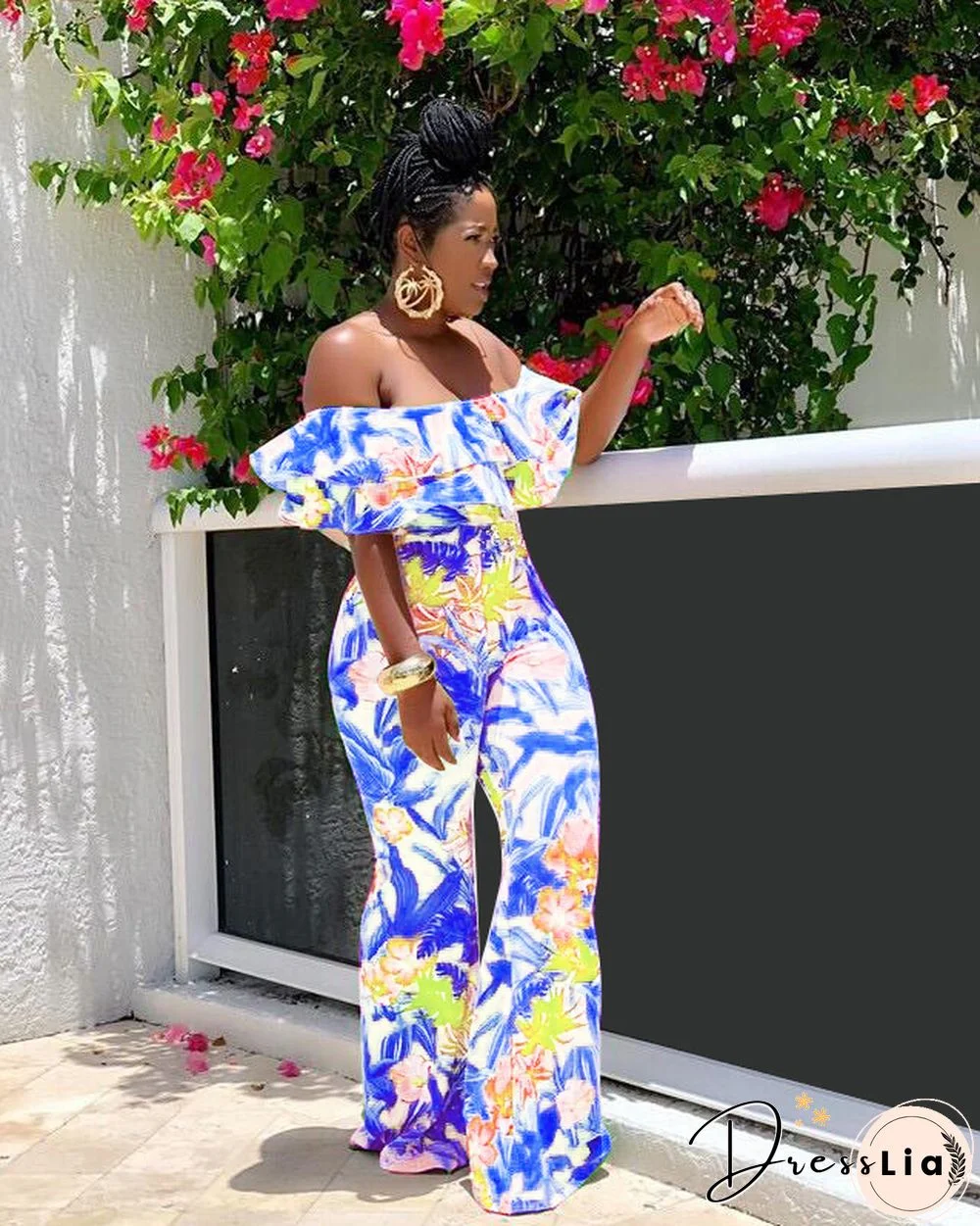Sexy Off Shoulder Ruffles Floral Printed Wide-legs Jumpsuit