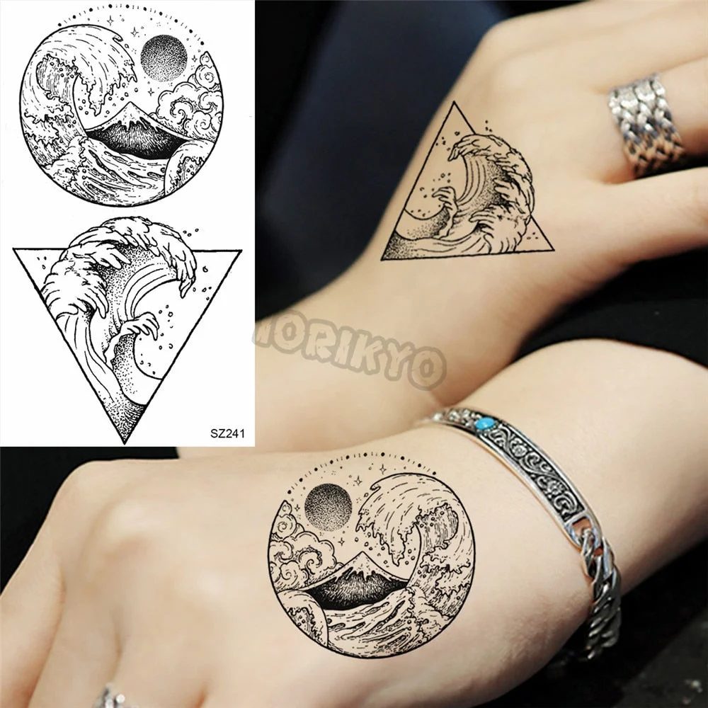 Black Dandelion With Creative Tattoos For Women Men Realistic Sea Wave Mountain Lavender Fake Tattoo Sticker Arm Leg Tatoos 3D