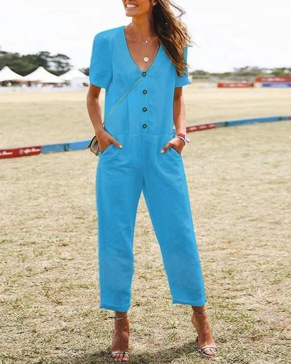 solid casual paneled buttoned v neck pockets jumpsuit p264687