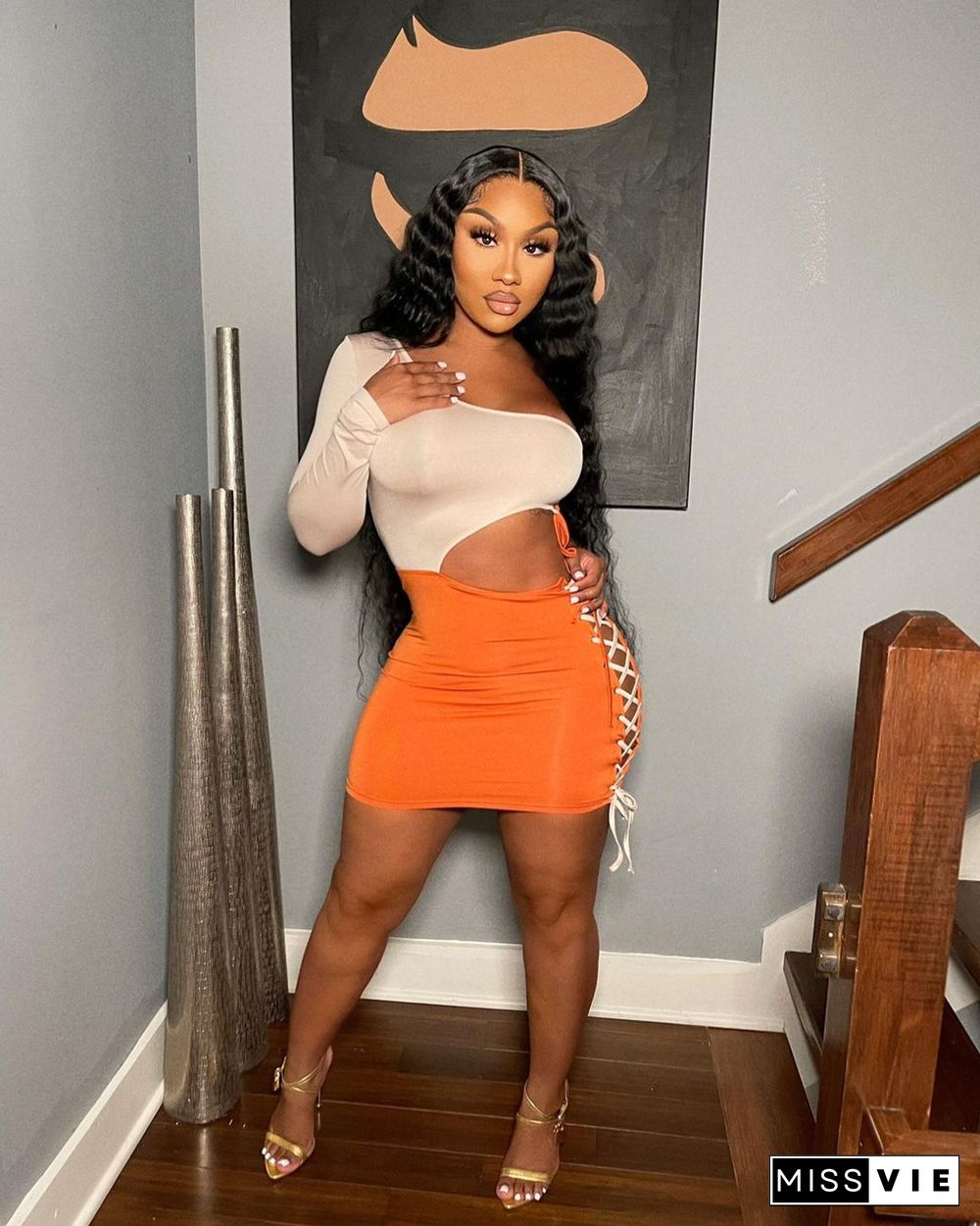 Summer Outfit Fashion Patchwork One Shoulder Long Sleeve Hollow Out Bandage Bodycon Mini Dresses