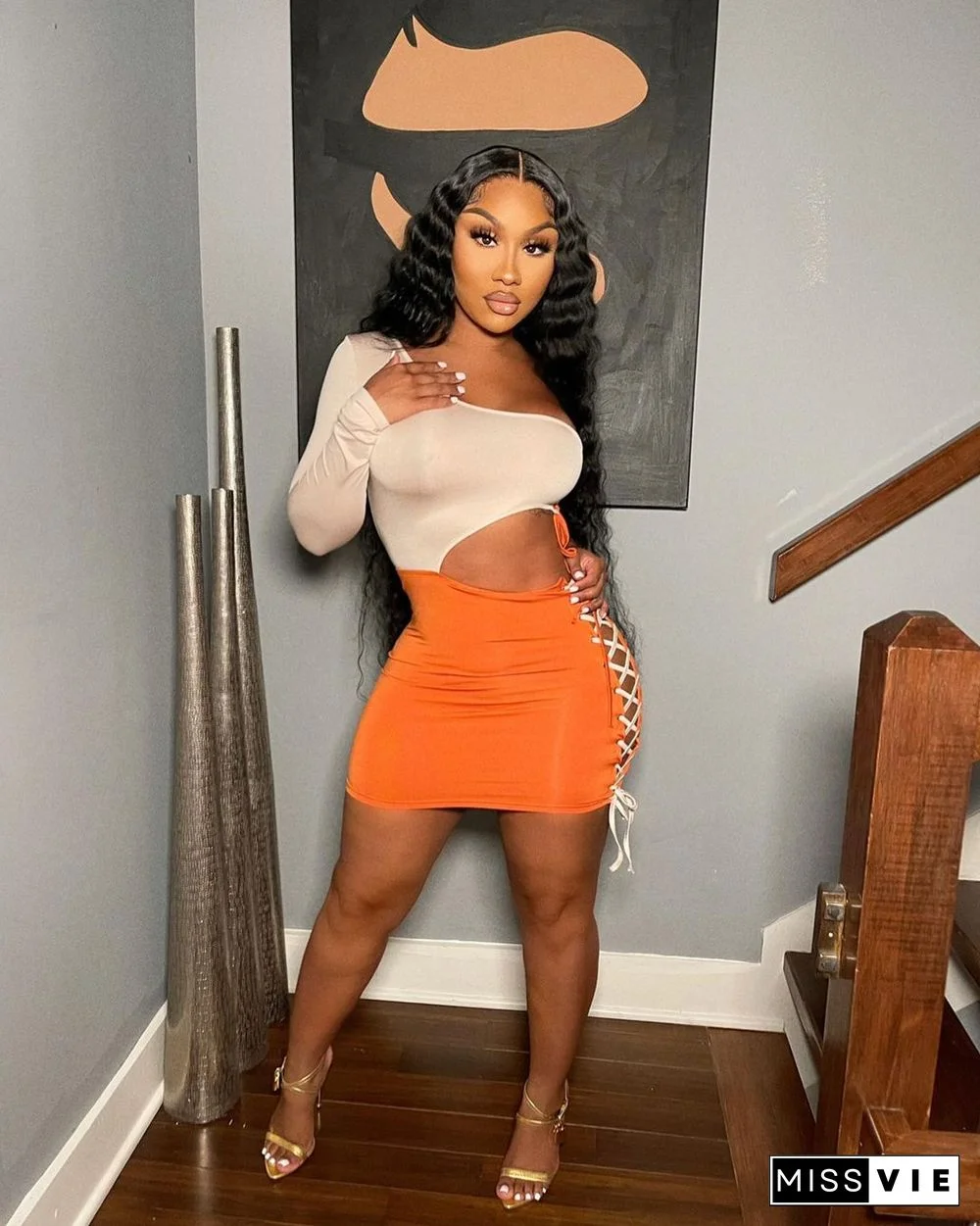 Summer Outfit Fashion Patchwork One Shoulder Long Sleeve Hollow Out Bandage Bodycon Mini Dresses