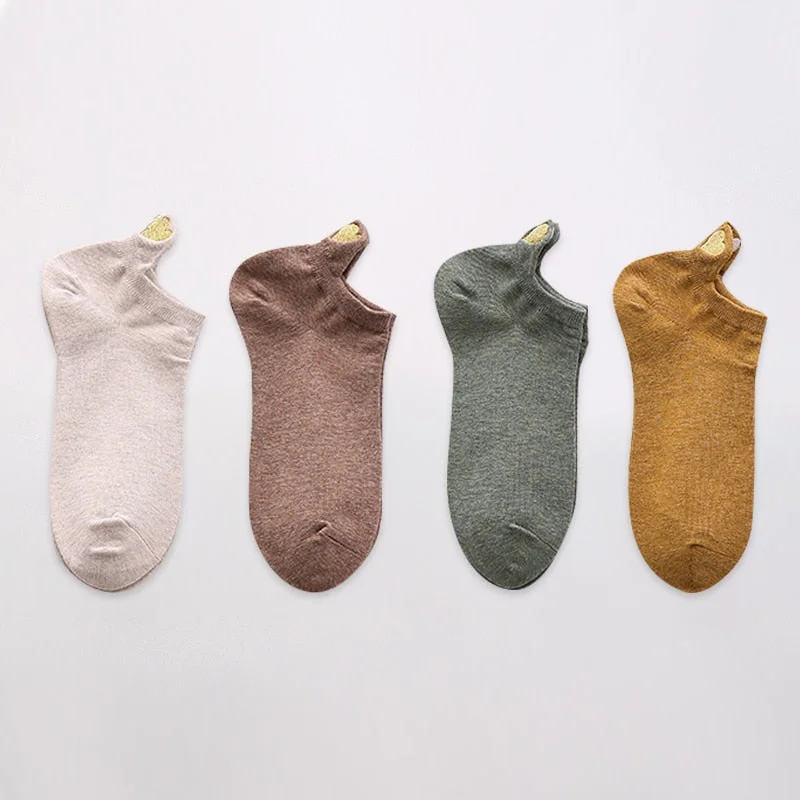 4 Pairs Lot Fashion Socks Women 2021 New Spring Cotton Color Novelty Girls Cute Heart Embroidery Casual Funny Ankle Socks Pack