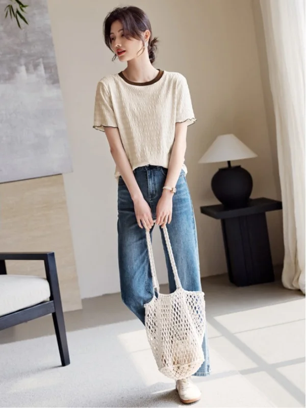 Athvotar Athvotar Collage Texture Of Wood Ear By The Short-Sleeved T-Shirt Women's Summer Splicing Color Design Design Slim Slim Top