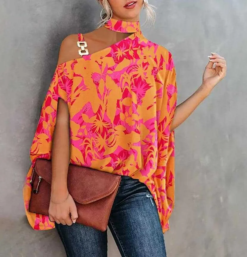 Women's Summer Collar Dolman Sleeve Printed Shirt