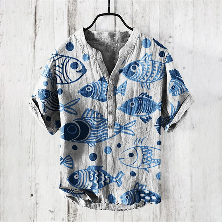 Vintage Japanese Art Fish Graphic Linen Blend Cozy Shirt