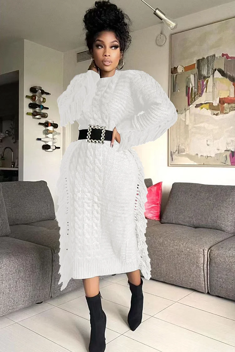 Weave Pattern Round Neck Long Sleeve Fringed Side Midi Sweater Dresses-White