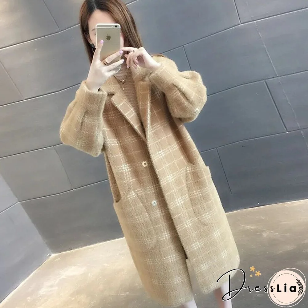 Elegant Plaid Woolen Jacket Women Korean Fashion Big Pocket Long Wool Coat Autumn Winter Warm Soft Covered Button Outwear
